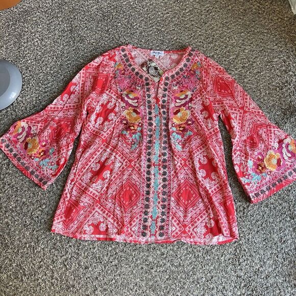 ANGEL HEART Boutique Womens Embroidered Tunic Blouse Top Size L Red V-neck New - Picture 7 of 7